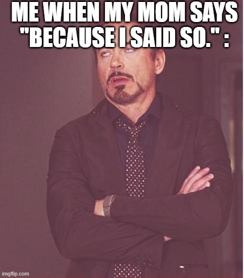 Don't you just hate that? | ME WHEN MY MOM SAYS "BECAUSE I SAID SO." : | image tagged in memes,face you make robert downey jr | made w/ Imgflip meme maker