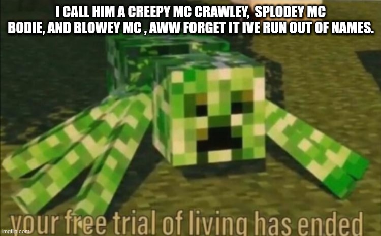 New Idea for a meme | I CALL HIM A CREEPY MC CRAWLEY,  SPLODEY MC BODIE, AND BLOWEY MC , AWW FORGET IT IVE RUN OUT OF NAMES. | image tagged in your free trial of living has ended,cursed image,minecraft creeper | made w/ Imgflip meme maker
