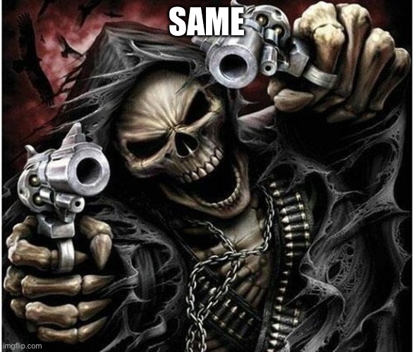 Badass Skeleton | SAME | image tagged in badass skeleton | made w/ Imgflip meme maker
