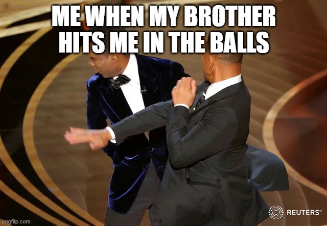 Will Smith punching Chris Rock | ME WHEN MY BROTHER HITS ME IN THE BALLS | image tagged in will smith punching chris rock | made w/ Imgflip meme maker