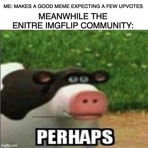 This will get zero upvotes I know it | ME: MAKES A GOOD MEME EXPECTING A FEW UPVOTES; MEANWHILE THE ENITRE IMGFLIP COMMUNITY: | image tagged in perhaps cow,bruh | made w/ Imgflip meme maker