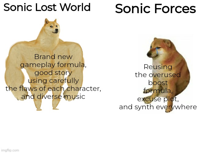 RIP Cheems | Brand new gameplay formula,
good story using carefully the flaws of each character,
and diverse music; Sonic Lost World; Sonic Forces; Reusing the overused boost formula,
excuse plot,
and synth everywhere | image tagged in memes,buff doge vs cheems,sonic the hedgehog | made w/ Imgflip meme maker