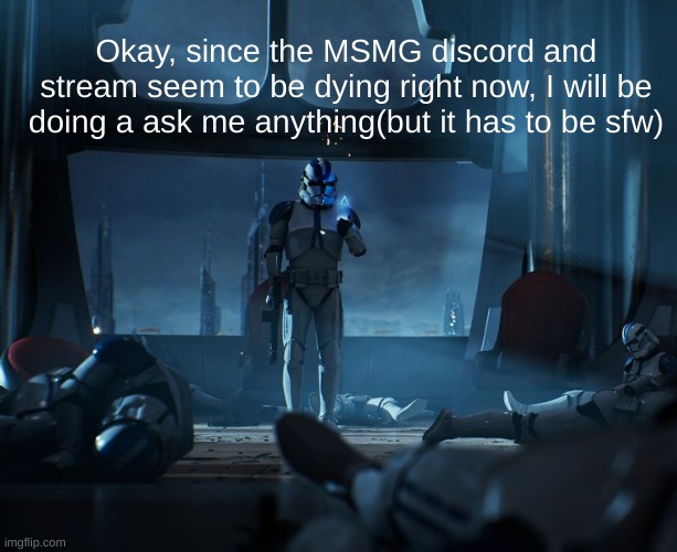 501st | Okay, since the MSMG discord and stream seem to be dying right now, I will be doing a ask me anything(but it has to be sfw) | image tagged in 501st | made w/ Imgflip meme maker