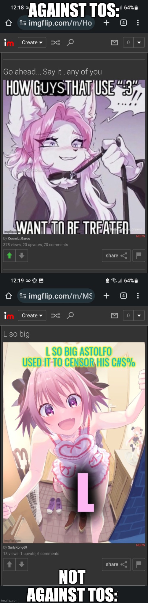 imgflip: where the tos applies to everyone except for when it doesn't | AGAINST TOS:; NOT AGAINST TOS: | made w/ Imgflip meme maker
