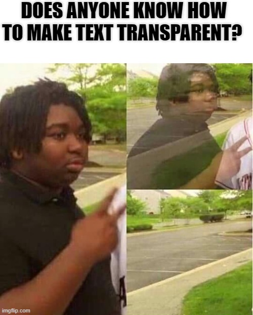 disappearing  | DOES ANYONE KNOW HOW TO MAKE TEXT TRANSPARENT? | image tagged in disappearing | made w/ Imgflip meme maker