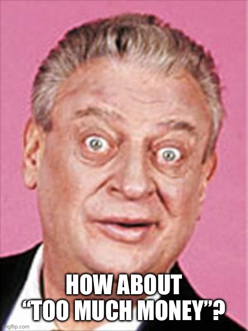 HOW ABOUT “TOO MUCH MONEY”? | image tagged in rodney dangerfield | made w/ Imgflip meme maker