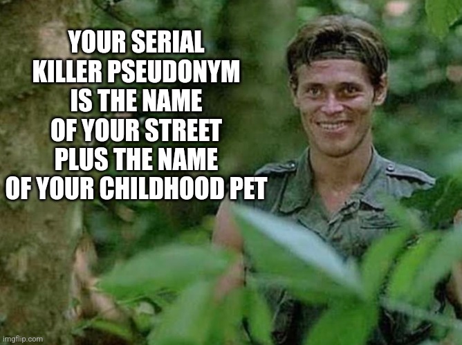Smiling | YOUR SERIAL KILLER PSEUDONYM IS THE NAME OF YOUR STREET PLUS THE NAME OF YOUR CHILDHOOD PET | image tagged in smiling | made w/ Imgflip meme maker