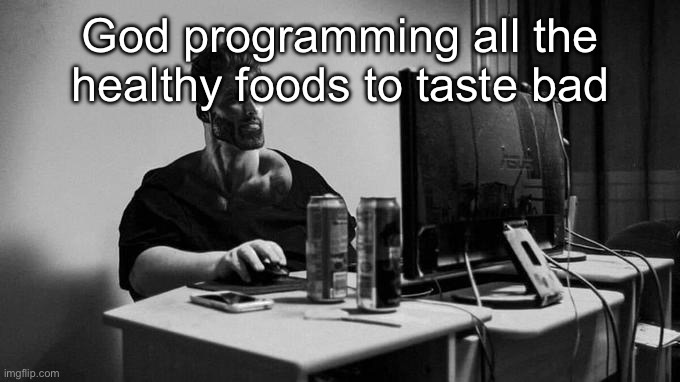 Gigachad On The Computer | God programming all the healthy foods to taste bad | image tagged in gigachad on the computer | made w/ Imgflip meme maker