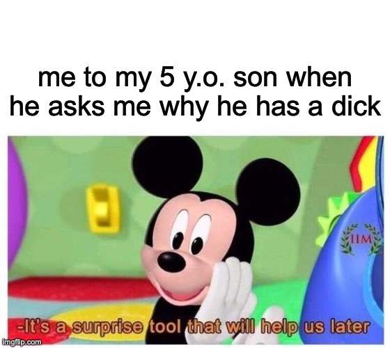 surprise.. | me to my 5 y.o. son when he asks me why he has a dick | image tagged in it's a surprise tool that will help us later,mickey mouse,funny,funny memes,dank memes,offensive | made w/ Imgflip meme maker