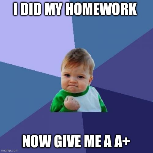 Now give me the good stuff | I DID MY HOMEWORK; NOW GIVE ME A A+ | image tagged in memes,success kid | made w/ Imgflip meme maker