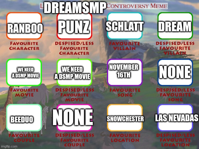 The Lion King/Lion Guard Controversy Meme | DREAMSMP; RANBOO; DREAM; SCHLATT; PUNZ; NOVEMBER 16TH; NONE; WE NEED A DSMP MOVIE; WE NEED A DSMP MOVIE; NONE; LAS NEVADAS; SNOWCHESTER; BEEDUO | image tagged in the lion king/lion guard controversy meme | made w/ Imgflip meme maker