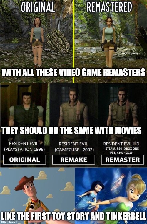 THE FIRST CGI MOVIES COULD USE A "REMASTER" | WITH ALL THESE VIDEO GAME REMASTERS; THEY SHOULD DO THE SAME WITH MOVIES; LIKE THE FIRST TOY STORY AND TINKERBELL | image tagged in resident evil,tomb raider,video games,toy story,tinkerbell | made w/ Imgflip meme maker