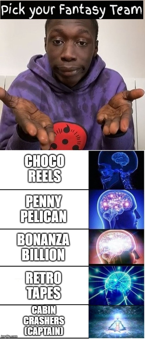 CHOCO
REELS; PENNY
PELICAN; BONANZA
BILLION; RETRO
TAPES; CABIN
CRASHERS
(CAPTAIN) | image tagged in khaby lame,expanding brain 5 panel | made w/ Imgflip meme maker