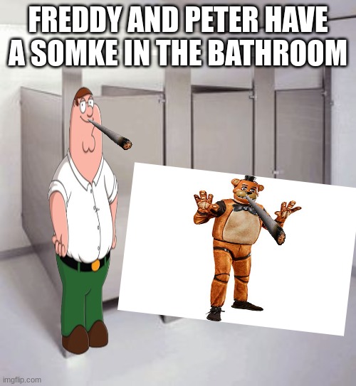 peter and freddy have some | FREDDY AND PETER HAVE A SOMKE IN THE BATHROOM | image tagged in empty bathroom stalls | made w/ Imgflip meme maker