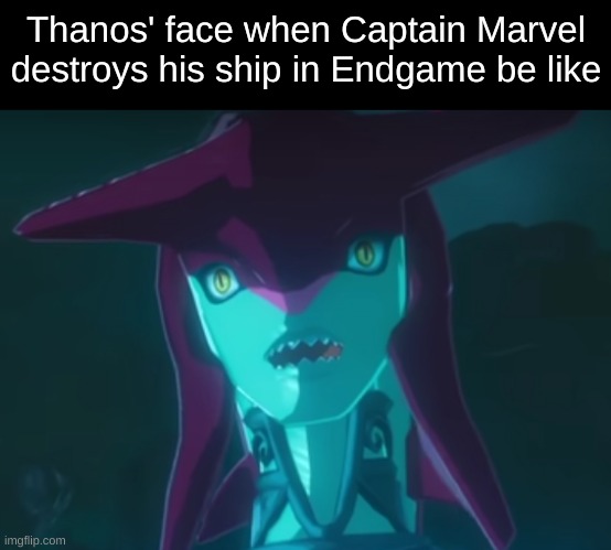 (O.O) | Thanos' face when Captain Marvel destroys his ship in Endgame be like | image tagged in surprised sidon,memes,marvel,oh wow are you actually reading these tags,barney will eat all of your delectable biscuits | made w/ Imgflip meme maker