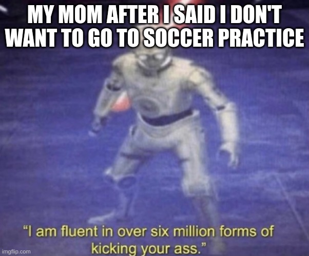 I am fluent in over six million forms of kicking your ass | MY MOM AFTER I SAID I DON'T WANT TO GO TO SOCCER PRACTICE | image tagged in i am fluent in over six million forms of kicking your ass | made w/ Imgflip meme maker