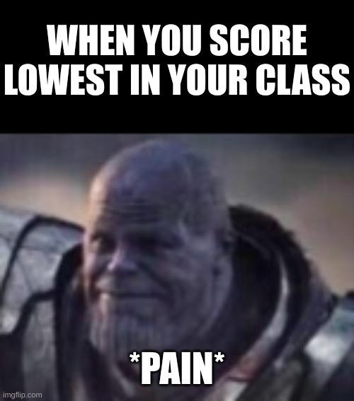 *Cries in Thanos* | WHEN YOU SCORE LOWEST IN YOUR CLASS; *PAIN* | image tagged in hide the pain thanos,memes,marvel,oh wow are you actually reading these tags,barney will eat all of your delectable biscuits | made w/ Imgflip meme maker