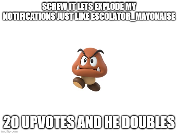 have fun, and no im not begging for upvotes | SCREW IT LETS EXPLODE MY NOTIFICATIONS JUST LIKE ESCOLATOR_MAYONAISE; 20 UPVOTES AND HE DOUBLES | image tagged in upvotes | made w/ Imgflip meme maker