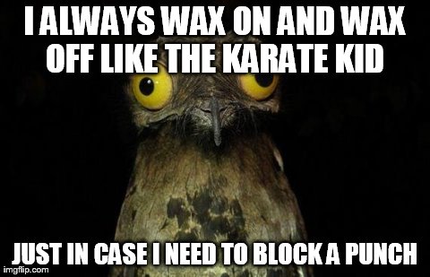 Weird Stuff I Do Potoo Meme | I ALWAYS WAX ON AND WAX OFF LIKE THE KARATE KID  JUST IN CASE I NEED TO BLOCK A PUNCH | image tagged in memes,weird stuff i do potoo,AdviceAnimals | made w/ Imgflip meme maker