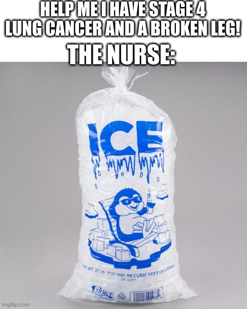 Ain't it true though? | HELP ME I HAVE STAGE 4 LUNG CANCER AND A BROKEN LEG! THE NURSE: | image tagged in bag of ice | made w/ Imgflip meme maker