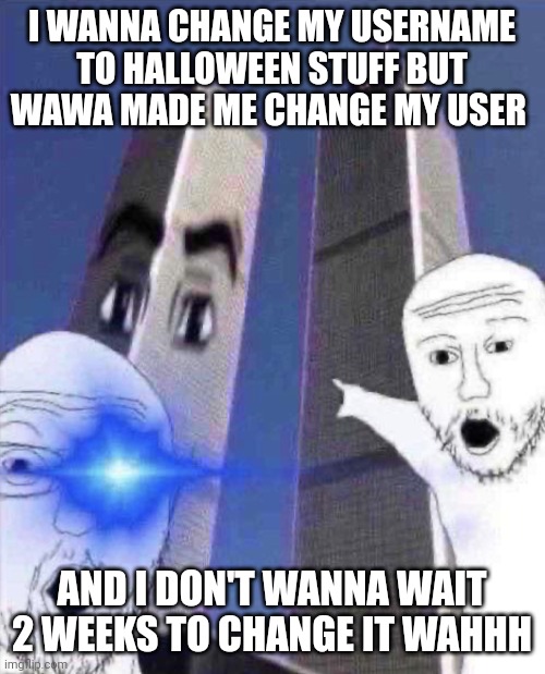 This sucks | I WANNA CHANGE MY USERNAME TO HALLOWEEN STUFF BUT WAWA MADE ME CHANGE MY USER; AND I DON'T WANNA WAIT 2 WEEKS TO CHANGE IT WAHHH | image tagged in ong twinies tower | made w/ Imgflip meme maker