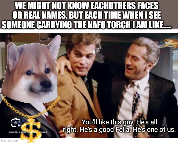 WE MIGHT NOT KNOW EACHOTHERS FACES OR REAL NAMES. BUT EACH TIME WHEN I SEE SOMEONE CARRYING THE NAFO TORCH I AM LIKE..... You'll like this guy. He's all right. He's a good Fella. He's one of us. | image tagged in NAFO | made w/ Imgflip meme maker