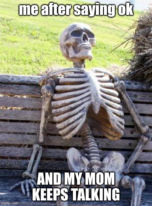 The ok blues | me after saying ok; AND MY MOM KEEPS TALKING | image tagged in memes,waiting skeleton | made w/ Imgflip meme maker