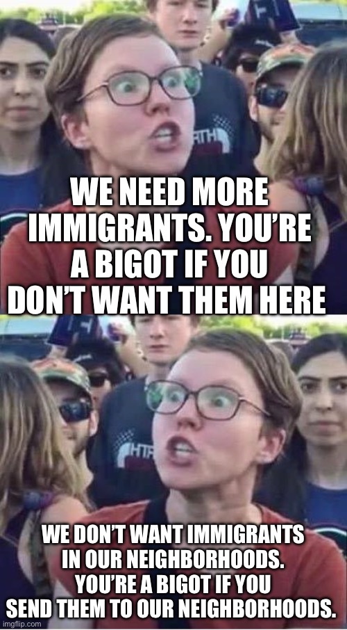 Immigrants | WE NEED MORE IMMIGRANTS. YOU’RE A BIGOT IF YOU DON’T WANT THEM HERE; WE DON’T WANT IMMIGRANTS IN OUR NEIGHBORHOODS. YOU’RE A BIGOT IF YOU SEND THEM TO OUR NEIGHBORHOODS. | image tagged in angry liberal hypocrite | made w/ Imgflip meme maker