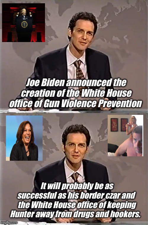 So the people that can’t keep drugs out of the White House plan to stop gun violence | Joe Biden announced the creation of the White House office of Gun Violence Prevention; It will probably be as successful as his border czar and  the White House office of keeping Hunter away from drugs and hookers. | image tagged in weekend update with norm,politics lol,memes,derp | made w/ Imgflip meme maker