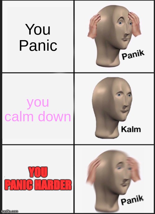 AntiMeme | You Panic; you calm down; YOU PANIC HARDER | image tagged in memes,panik kalm panik | made w/ Imgflip meme maker