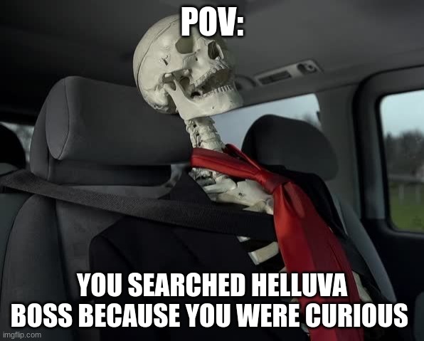 waiting sceleton in car | POV:; YOU SEARCHED HELLUVA BOSS BECAUSE YOU WERE CURIOUS | image tagged in waiting sceleton in car | made w/ Imgflip meme maker