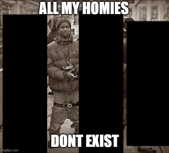 no homies | ALL MY HOMIES; DONT EXIST | image tagged in all my homies hate,forever alone,alone,no friends,blackout | made w/ Imgflip meme maker