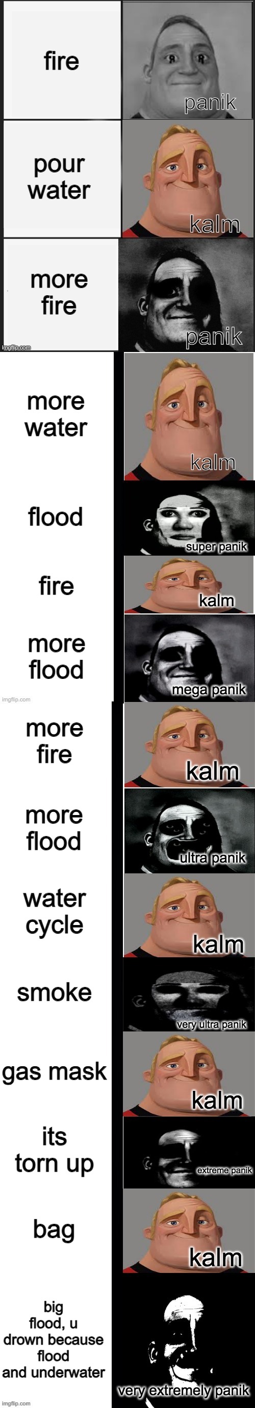 panik kalm panik (mr incredible 2nd extended) | fire; pour water; more fire; more water; flood; fire; more flood; more fire; more flood; water cycle; smoke; gas mask; its torn up; bag; big flood, u drown because flood and underwater | image tagged in panik kalm panik mr incredible 2nd extended | made w/ Imgflip meme maker