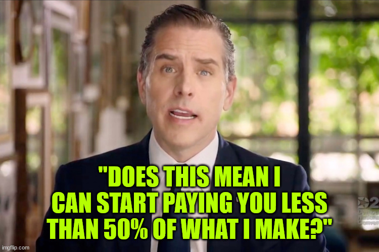 Hunter Biden | "DOES THIS MEAN I CAN START PAYING YOU LESS THAN 50% OF WHAT I MAKE?" | image tagged in hunter biden | made w/ Imgflip meme maker