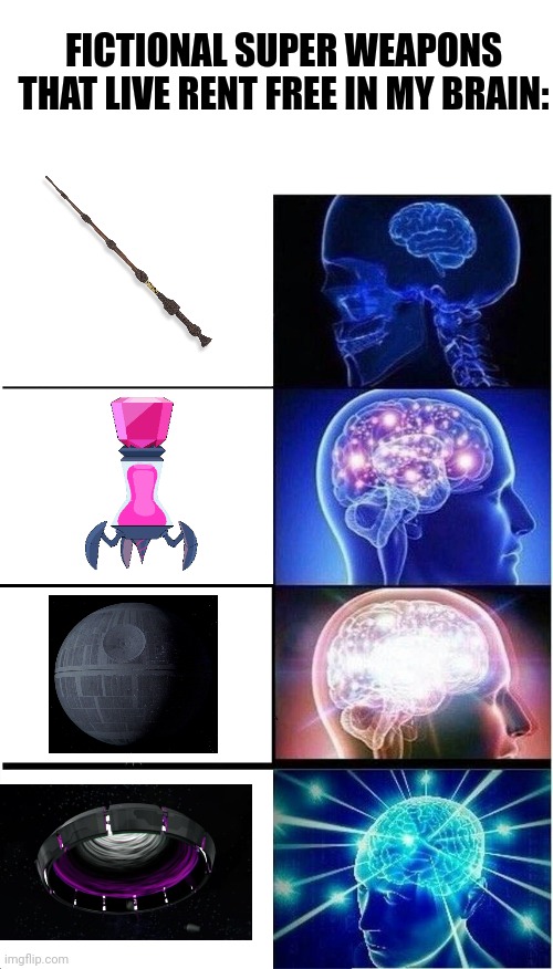 Fictional Superweapons that live rent free in my brain | FICTIONAL SUPER WEAPONS THAT LIVE RENT FREE IN MY BRAIN: | image tagged in expanding brain,weapons,harry potter,steven universe,star wars,tmnt | made w/ Imgflip meme maker