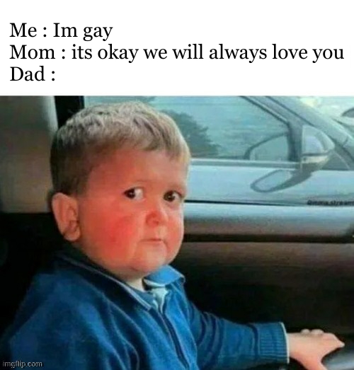 remake of the first meme from me that reached the lgbtq front page | Me : Im gay 
Mom : its okay we will always love you
Dad : | image tagged in hasbulla,gay,mom,dad,meme,relatable | made w/ Imgflip meme maker