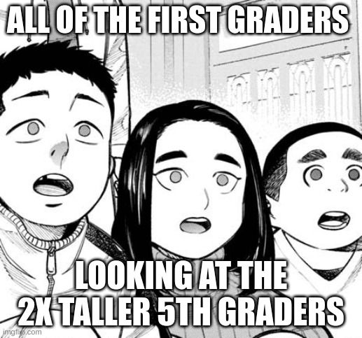 Shocked People | ALL OF THE FIRST GRADERS; LOOKING AT THE 2X TALLER 5TH GRADERS | image tagged in shocked people | made w/ Imgflip meme maker