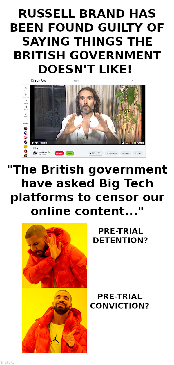 Russell Brand Has Been Found Guilty! | image tagged in russell brand,british,free speech,censorship,innocent until proven guilty,guilty until proven innocent | made w/ Imgflip meme maker