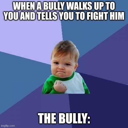 bully | WHEN A BULLY WALKS UP TO YOU AND TELLS YOU TO FIGHT HIM; THE BULLY: | image tagged in memes,success kid | made w/ Imgflip meme maker