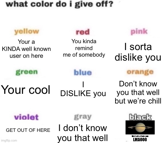 What color do I give off (My version) | You kinda remind me of somebody; Your a KINDA well known user on here; I sorta dislike you; Your cool; I DISLIKE you; Don’t know you that well but we’re chill; GET OUT OF HERE; I don’t know you that well | image tagged in what color do i give off blank,msmg | made w/ Imgflip meme maker