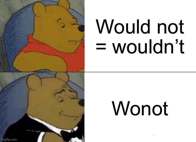 Tuxedo Winnie The Pooh Meme | Would not = wouldn’t; Wonot | image tagged in memes,tuxedo winnie the pooh | made w/ Imgflip meme maker