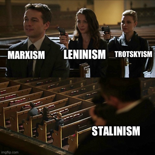 USSR History | LENINISM; MARXISM; TROTSKYISM; STALINISM | image tagged in assassination chain,soviet union,karl marx,stalin,lenin | made w/ Imgflip meme maker