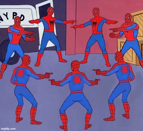 8 spidermen pointing | image tagged in 8 spidermen pointing | made w/ Imgflip meme maker