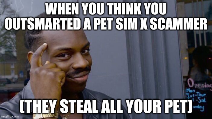Roll Safe Think About It | WHEN YOU THINK YOU OUTSMARTED A PET SIM X SCAMMER; (THEY STEAL ALL YOUR PET) | image tagged in memes,roll safe think about it | made w/ Imgflip meme maker
