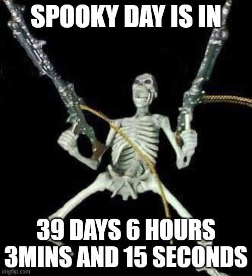 skeleton with guns meme | SPOOKY DAY IS IN; 39 DAYS 6 HOURS 3MINS AND 15 SECONDS | image tagged in skeleton with guns meme | made w/ Imgflip meme maker