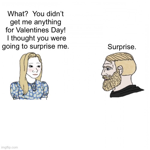 Girl and Yes Chad | What?  You didn’t get me anything for Valentines Day!  I thought you were going to surprise me. Surprise. | image tagged in girl and yes chad | made w/ Imgflip meme maker