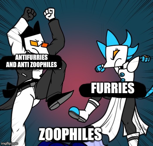 Two Enemies vs One Enemy | ANTIFURRIES AND ANTI ZOOPHILES; FURRIES; ZOOPHILES | made w/ Imgflip meme maker