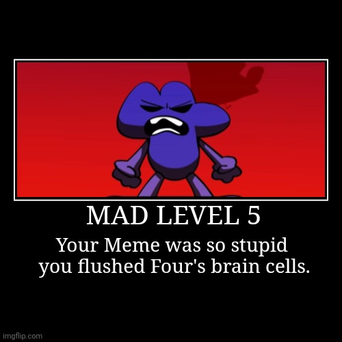 MAD LEVEL 5 | MAD LEVEL 5 | Your Meme was so stupid 
you flushed Four's brain cells. | image tagged in funny,demotivationals | made w/ Imgflip demotivational maker