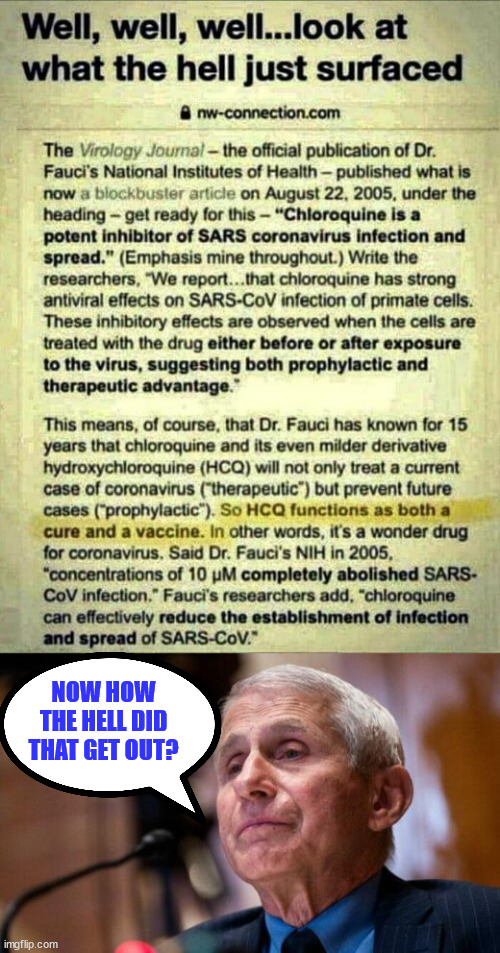 HCQ truth surfaces... | NOW HOW THE HELL DID THAT GET OUT? | image tagged in covid,truth,dr fauci,lies,media lies | made w/ Imgflip meme maker