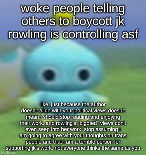 sorry for the ranting on woke people im just pissed at them | woke people telling others to boycott jk rowling is controlling asf; like, just because the author doesn't align with your political views doesn't mean i should stop reading and enjoying their work. and rowling's "bigoted" views don't even seep into her work. stop assuming i am going to agree with your thoughts on trans people and that i am a terrible person for supporting jk's work. not everyone thinks the same as you | image tagged in chao stare | made w/ Imgflip meme maker